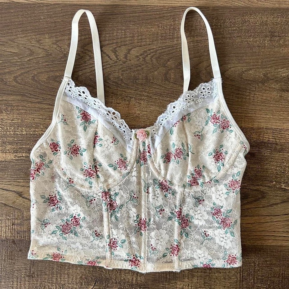 Floral Lace Longline Bustier Top - Cream with Pink Roses